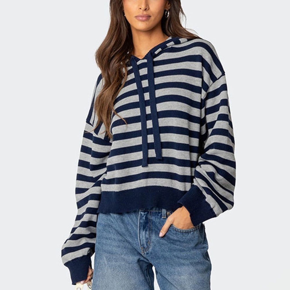 EDIKTED Striped Hooded Knit Sweater Navy Blue and Gray Size medium